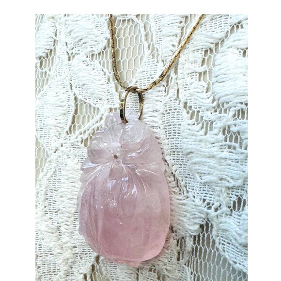 Vintage Rose Quartz Carved Floral 14k Gold Pendant - Picture 8 of 11
